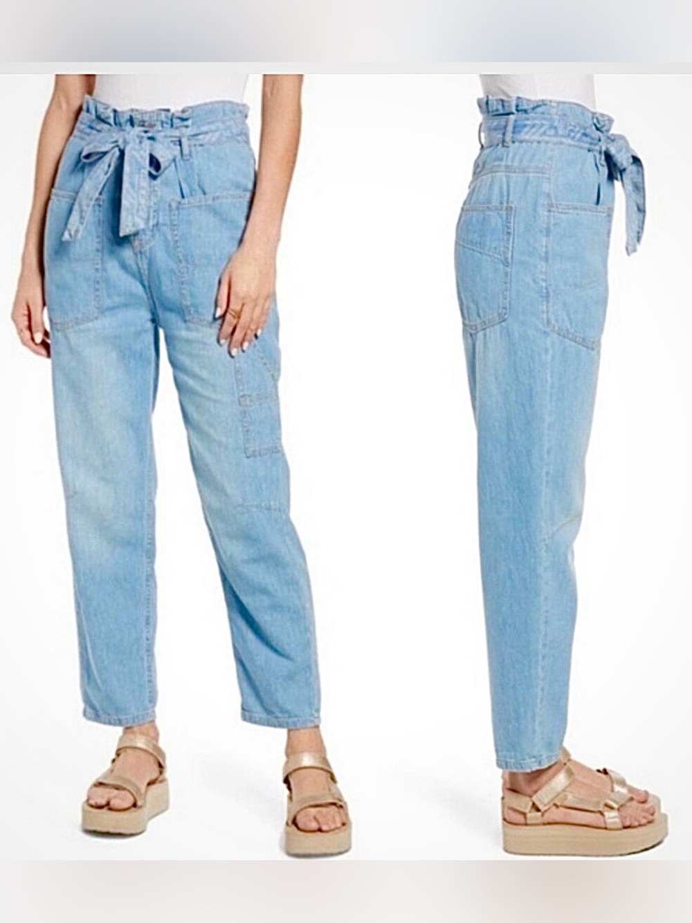 FREE PEOPLE BLUE HAZE BELTED DENIM UTILITY PANTS PAPER BAG WAIST SIZE 24!!